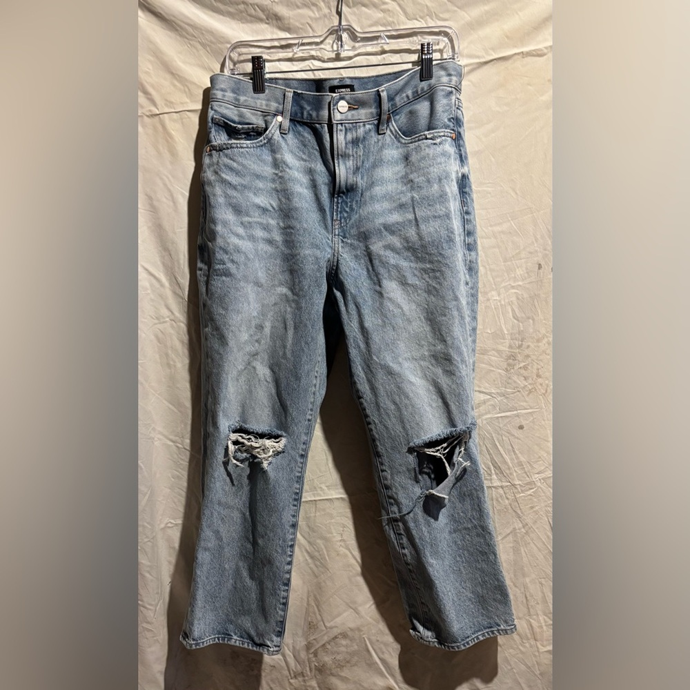 Express Light Blue Distressed Straight Ankle High Rise Jeans